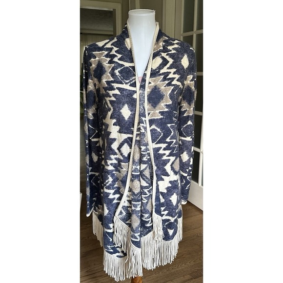 Lucky Brand Aztec Fringe Cardigan Sweater Jacket Open Front Blue Beige L - Picture 4 of 10